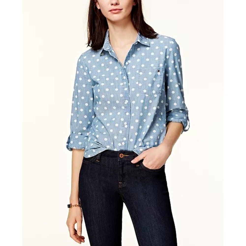 Tommy Hilfiger Blue White Polka Dot Long Sleeve Button-Down Shirt Cotton Large